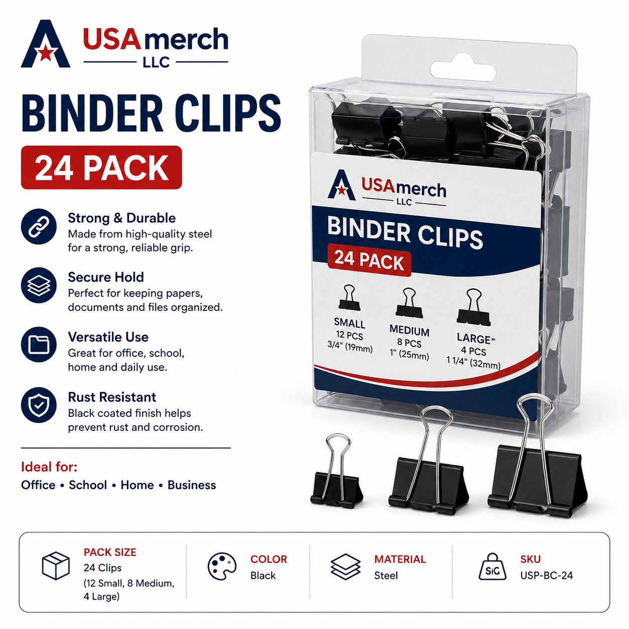 Binder Clips (24 Pack, Assorted Sizes)