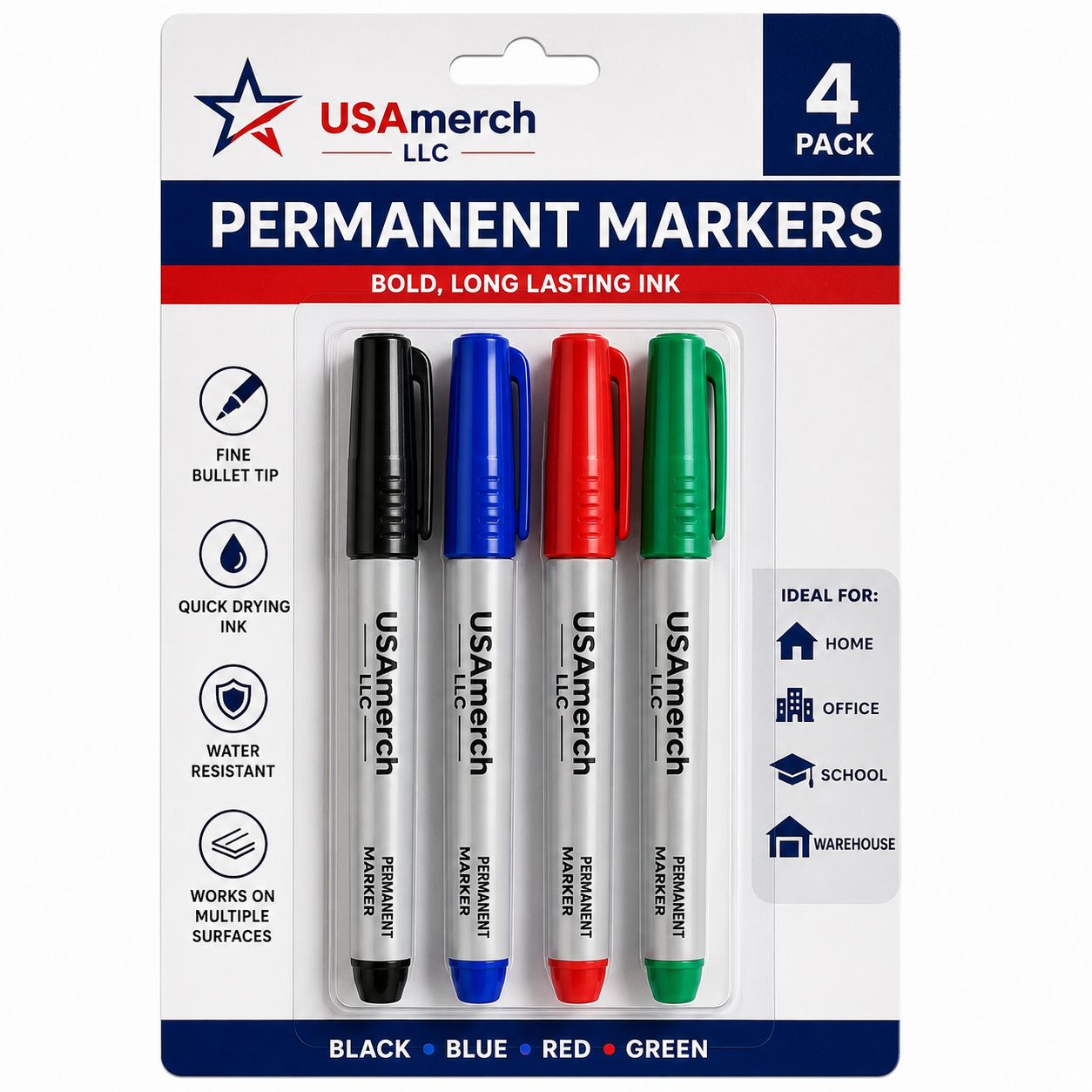 Permanent Markers (4 Pack – Black, Blue, Red & Green)