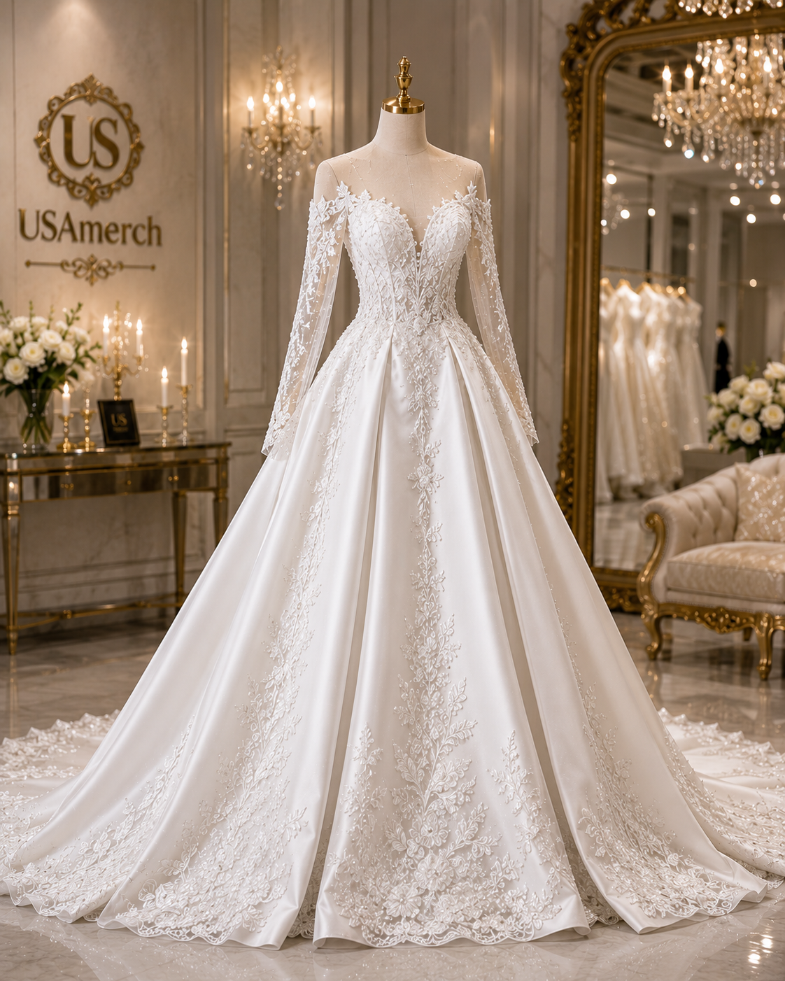 Classic White Satin Bridal Ball Gown