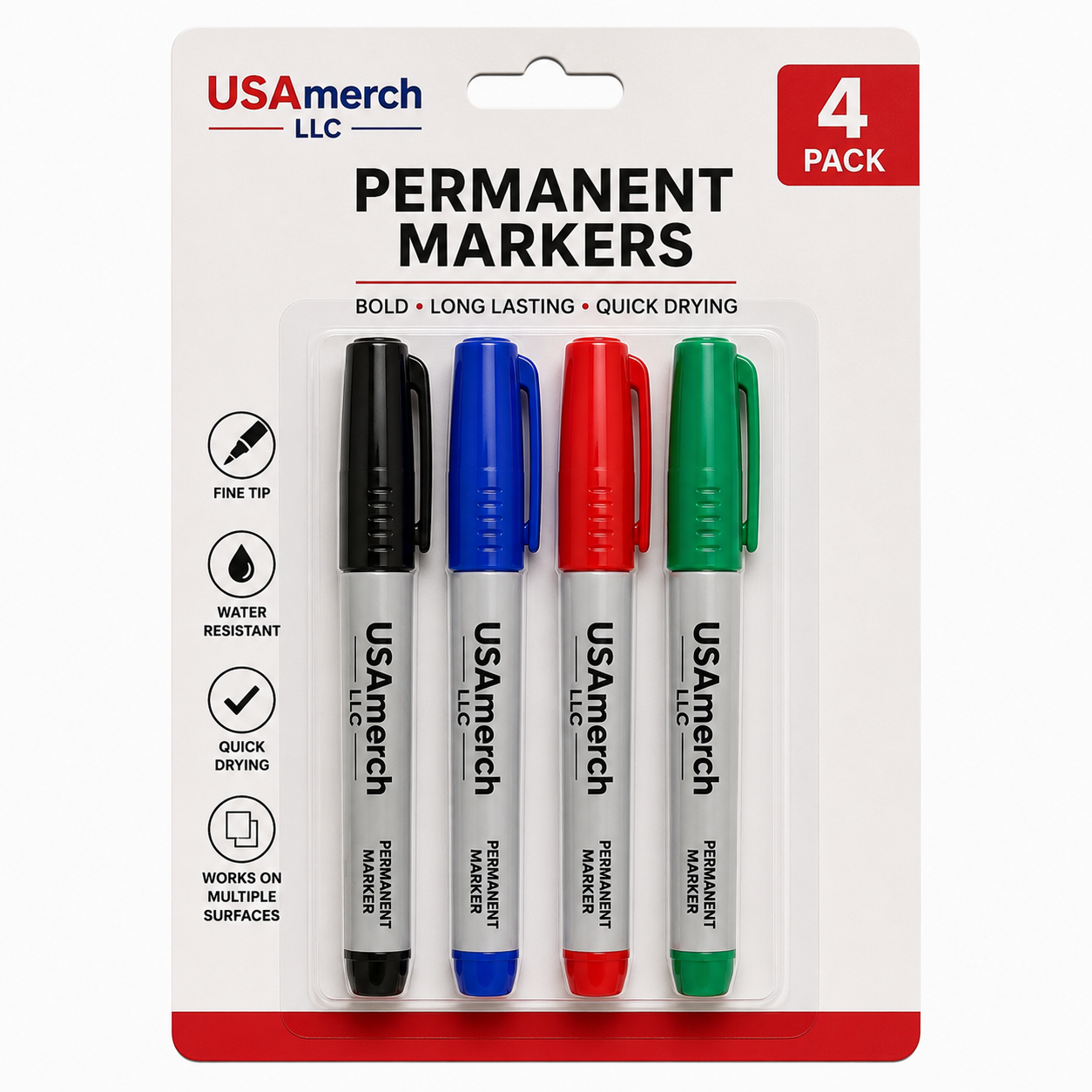 Permanent Markers (4 Pack – Black, Blue, Red & Green)